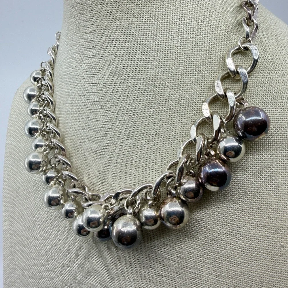 Silver Tone Ball Charm Fringe Chain Necklace Chunky Y2K Statement Jewelry Gift